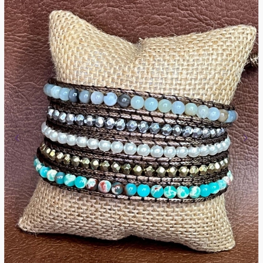 Boho “ Jen Aqua “ Vegan Leather  Wrap Bracelet